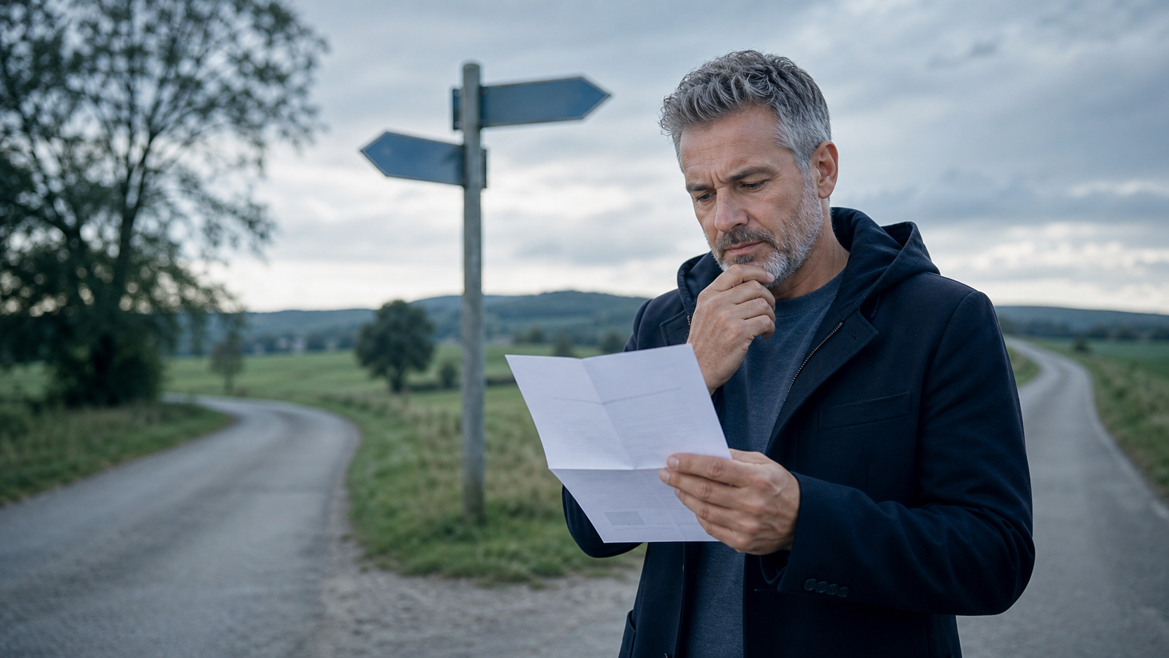 Person liest einen Brief an einer Weggabelung