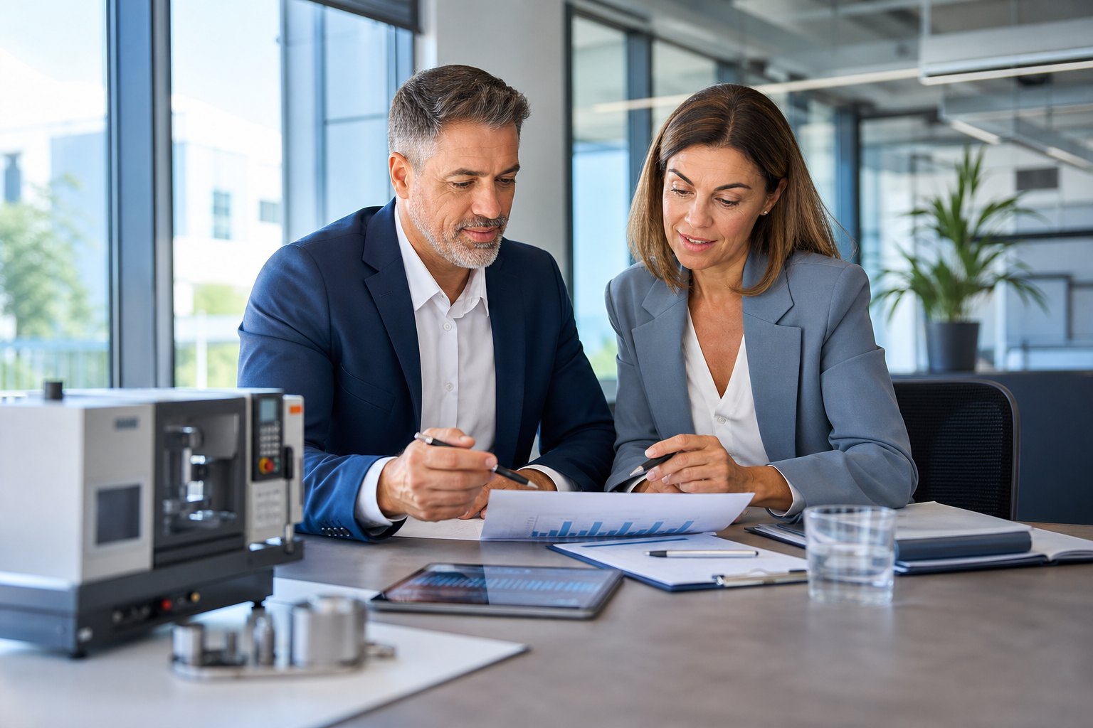 Unternehmer besprechen einen gewerblichen Mietkauf